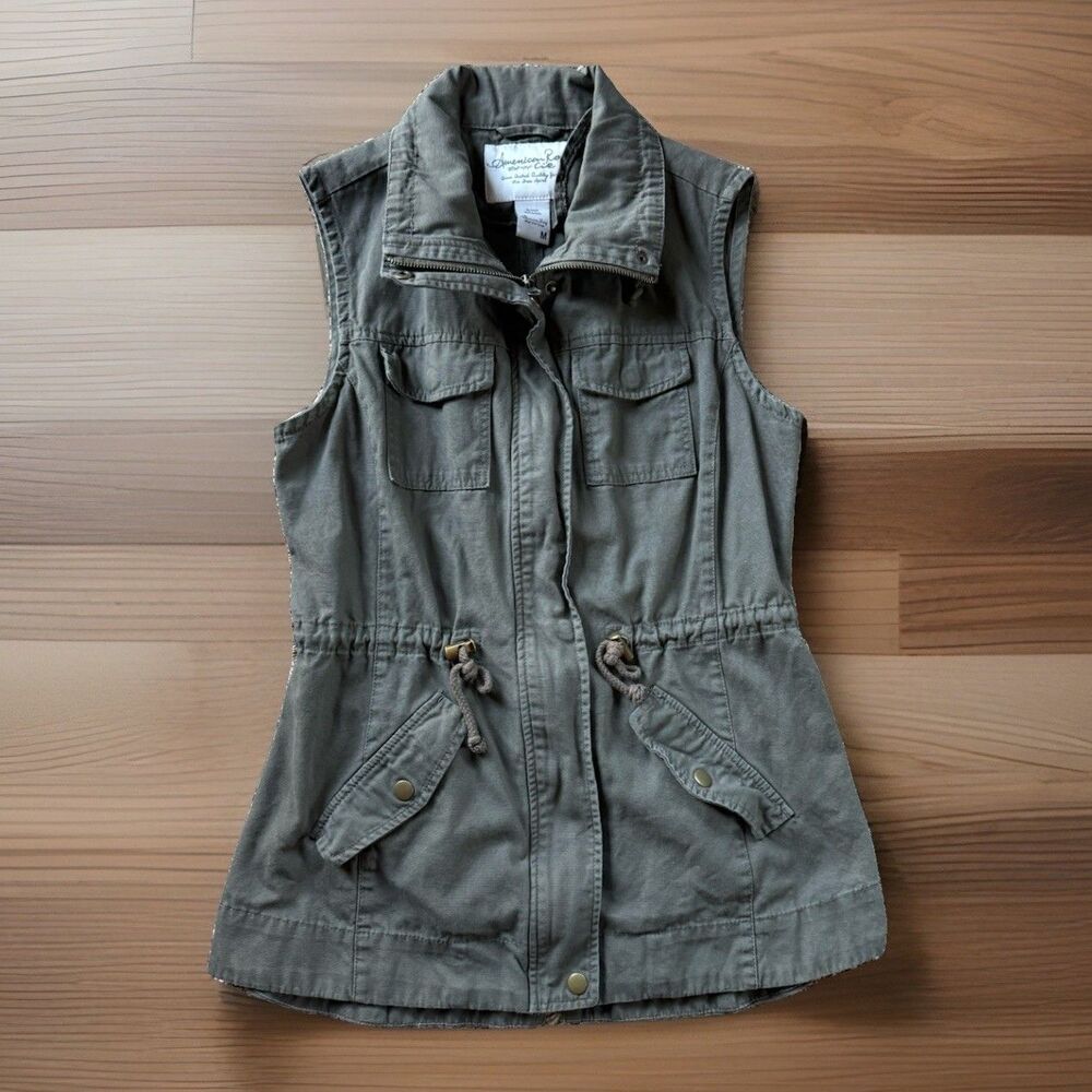 🔥American Rag Utility Vest Drawstring Waist Medium Olive Green Cotton Military